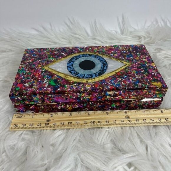 Evil Eye Acrylic Confetti Clutch Gold Chain Strap Handbag Multicolor Small - Picture 8 of 11
